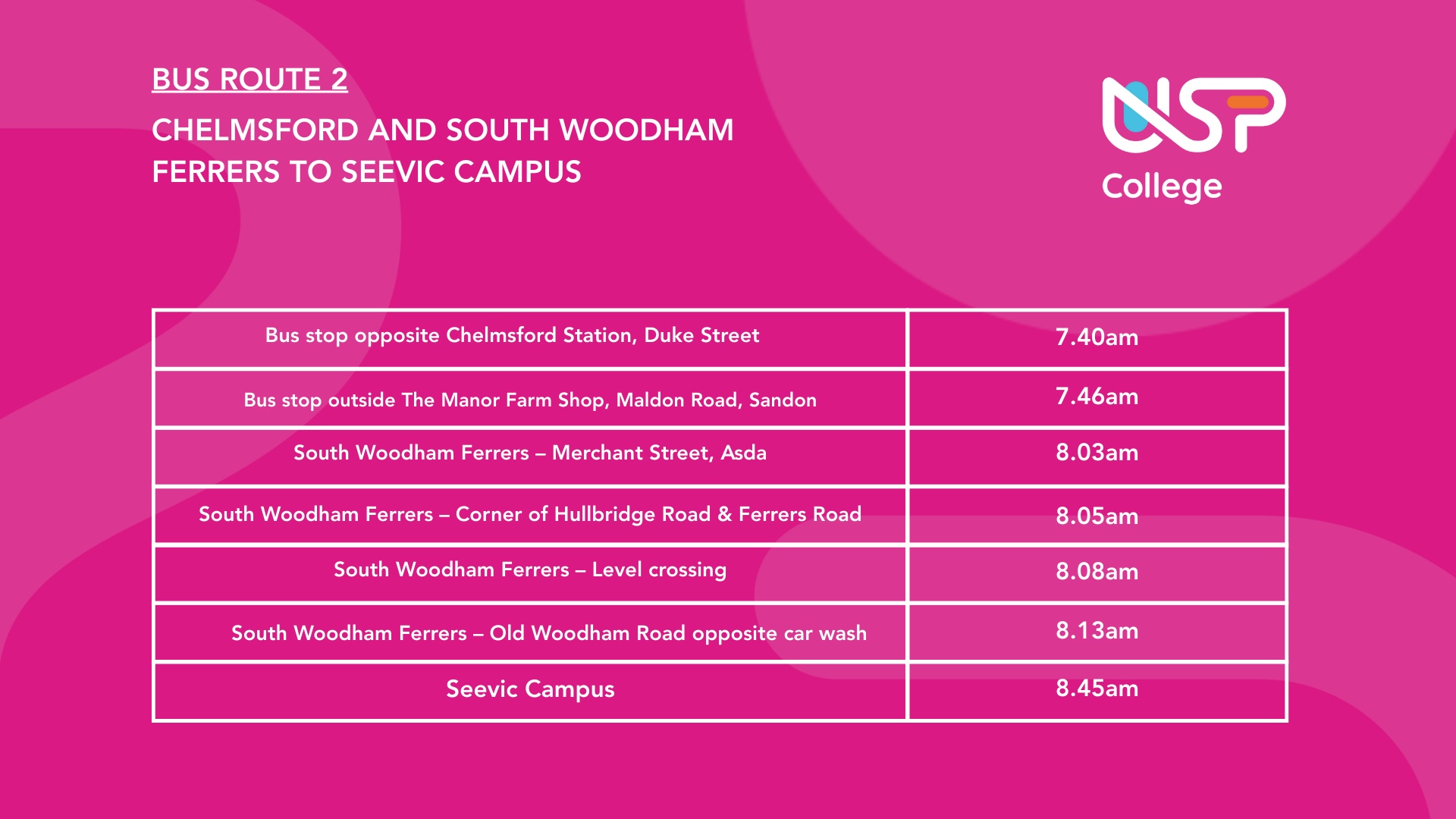 USP Seaxes Bus Route 2 Timetable